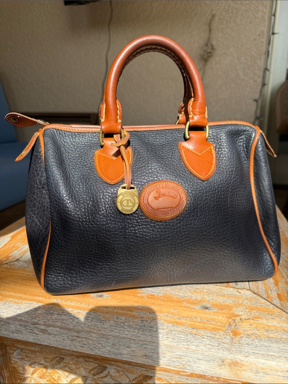 Vintage Dooney & Bourke All Weather Leather Midnight Blue and British Tan Bag